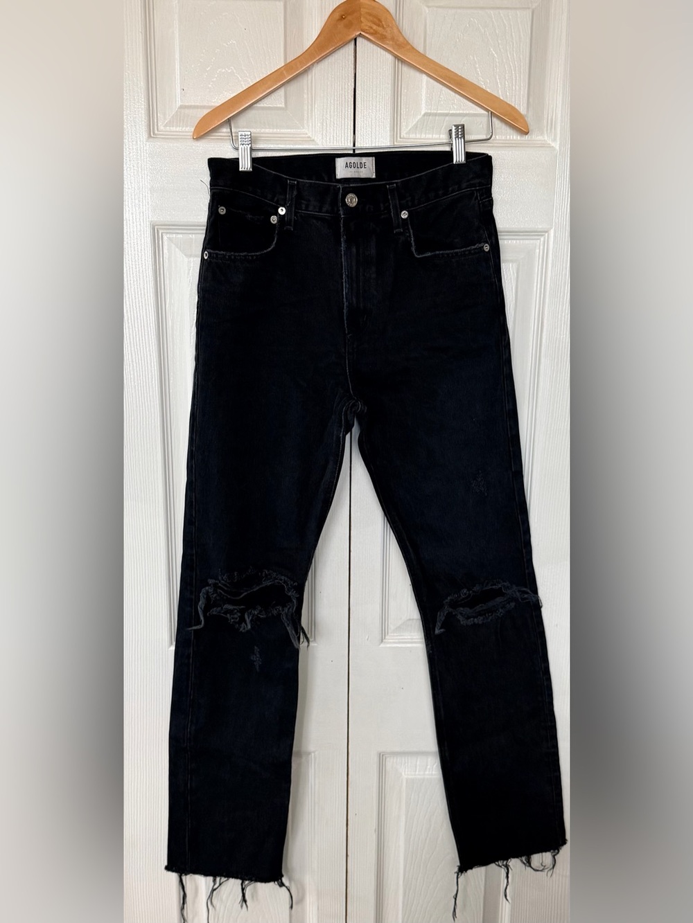 AGOLDE Cherie Distortion Black High Rise Straight Jeans Distressed Raw Hem Sz 27